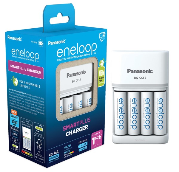 caricabatterie panasonic eneloop bq-cc55e  incluse 4 aa 2000mah