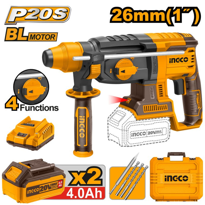 20V BRUSHLESS ROTARY HAMMER WITH 2 BATTERIES + 3 DRILL BITS + CHISEL
